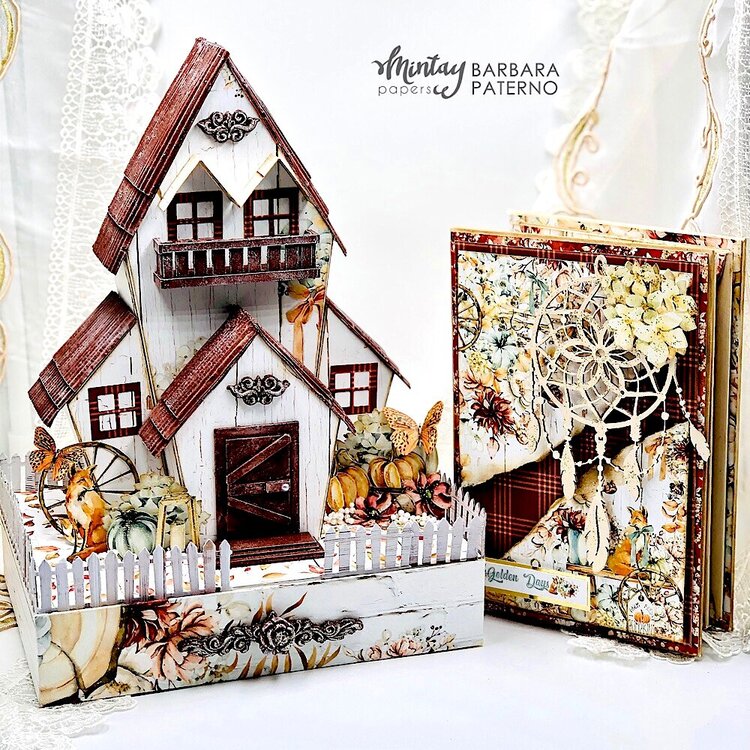 Autumn house with mini album with &quot;Golden days&quot; collection by Barbara Paterno