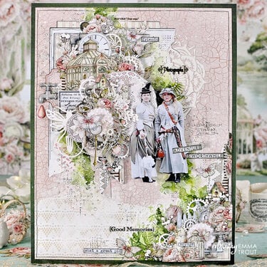 Layout with &quot;Peony garden&quot; collection and Kreativa Stencils by Emma Trout