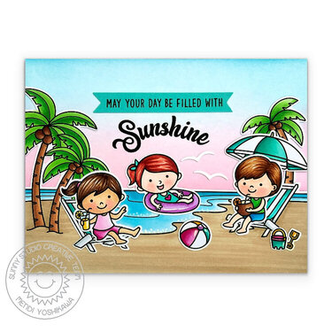 Sunny Studio Ocean View Kids at Beach Card by Mendi Yoshikawa
