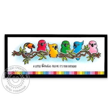 Sunny Studio Tropical Birds Rainbow Slimline Card by Mendi Yoshikawa