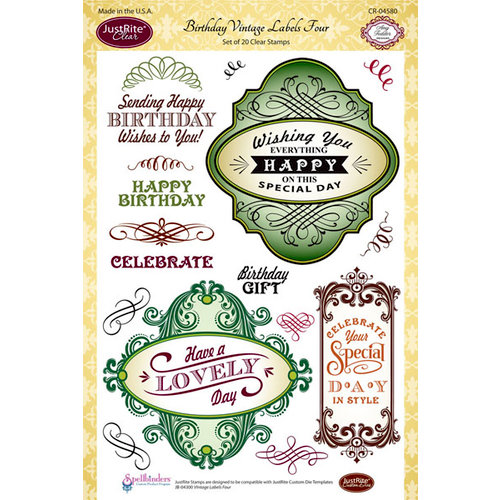 JustRite - Clear Acrylic Stamps - Birthday Vintage Labels Four