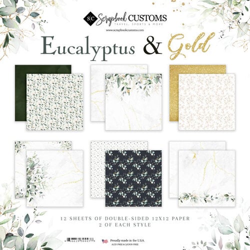 Scrapbook Customs - 12 x 12 Paper Pack - Eucalyptus and Gold