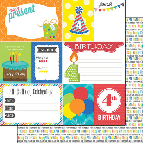 Scrapbook Customs - Happy Birthday Collection - 12 x 12 Double Sided Paper - 4th Birthday